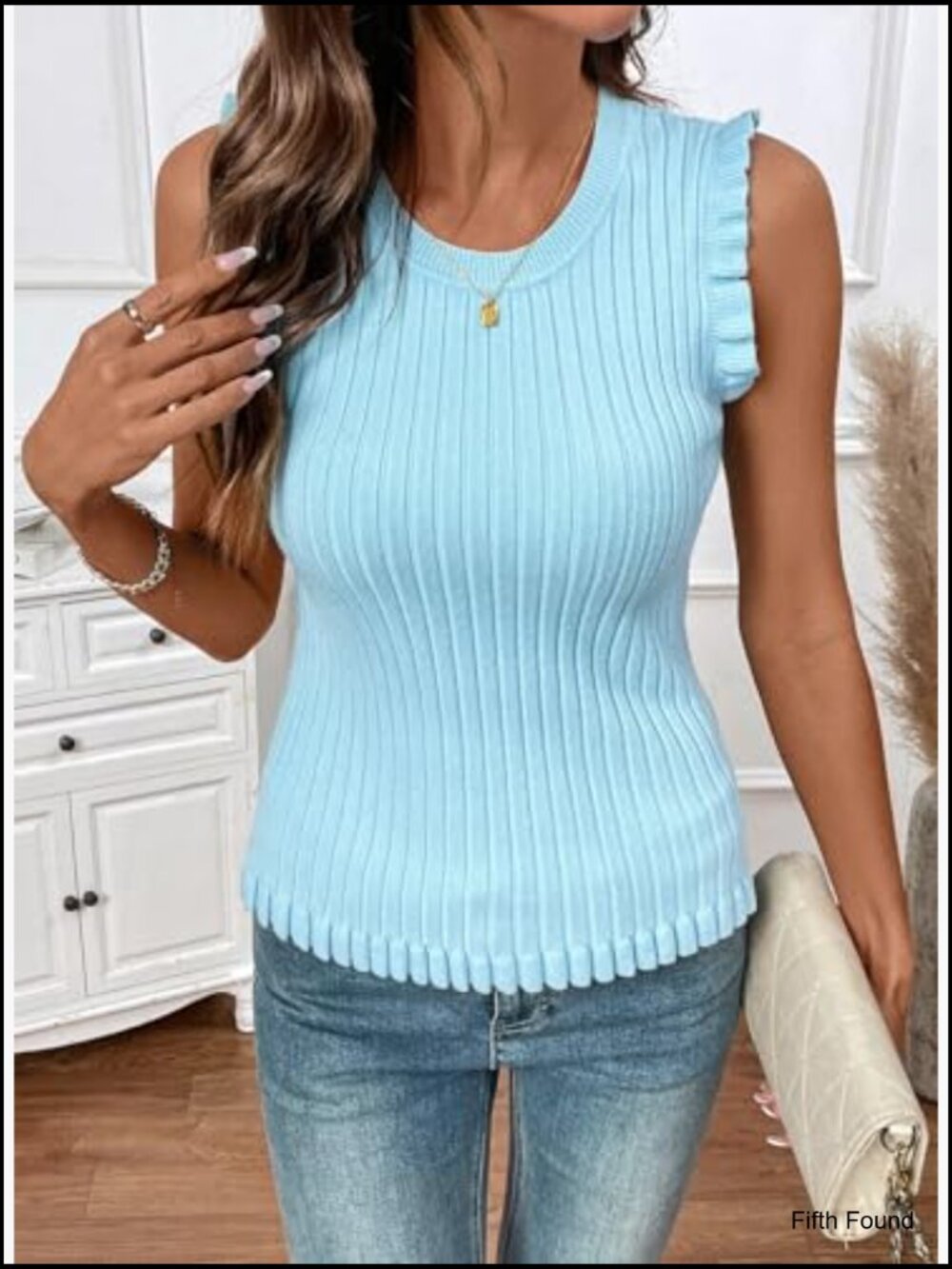 Slim Fitted Ruffle Hem Tank Top, Ribbed Knit Casual Summer Sleeveless - Picture 3 of 7